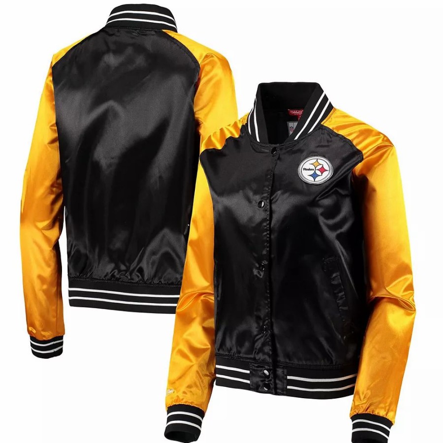 Clothing * | Women'S Mitchell & Ness Black Pittsburgh Steelers Team 2.0 Satin Raglan Full-Snap Jacket