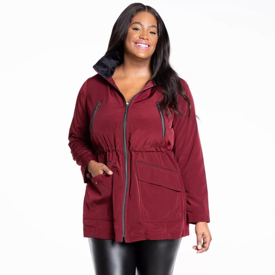 Clothing * | Plus Size Fleet Street Hooded Faux-Silk Anorak Jacket Merlot