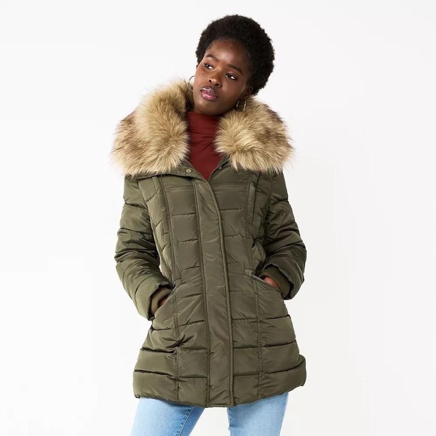 Clothing * | Women'S Nine West Faux-Fur Collar Short Puffer Jacket