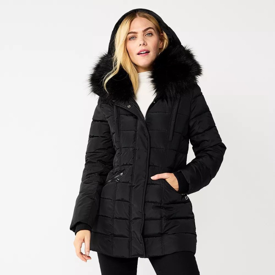 Clothing * | Women'S Nine West Faux-Fur Collar Short Puffer Jacket