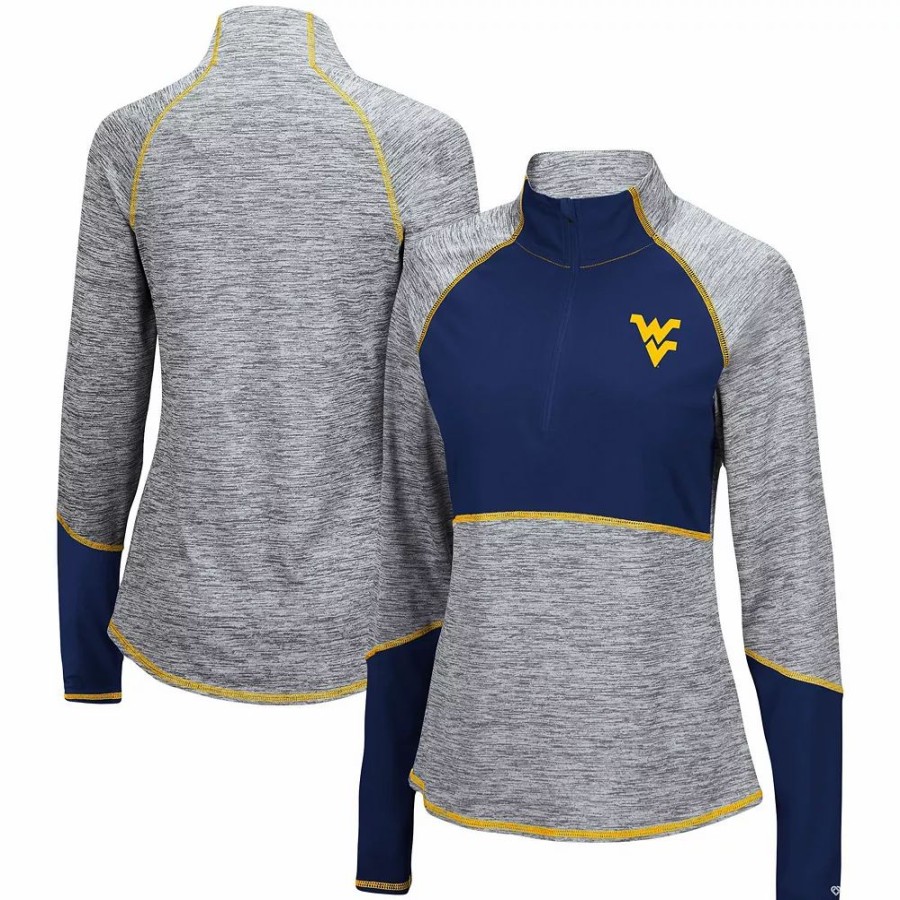 Clothing * | Women'S Colosseum Heathered Gray/Navy West Virginia Mountaineers Color Block Space-Dye Raglan Quarter-Zip Top