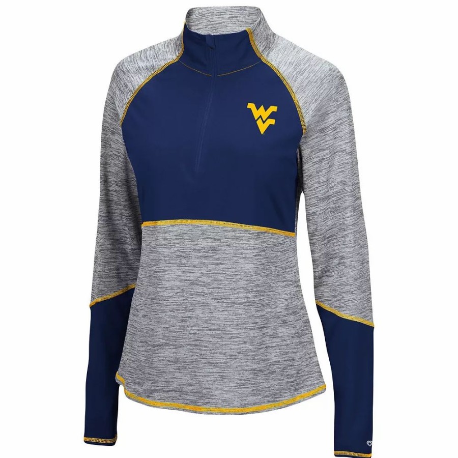 Clothing * | Women'S Colosseum Heathered Gray/Navy West Virginia Mountaineers Color Block Space-Dye Raglan Quarter-Zip Top