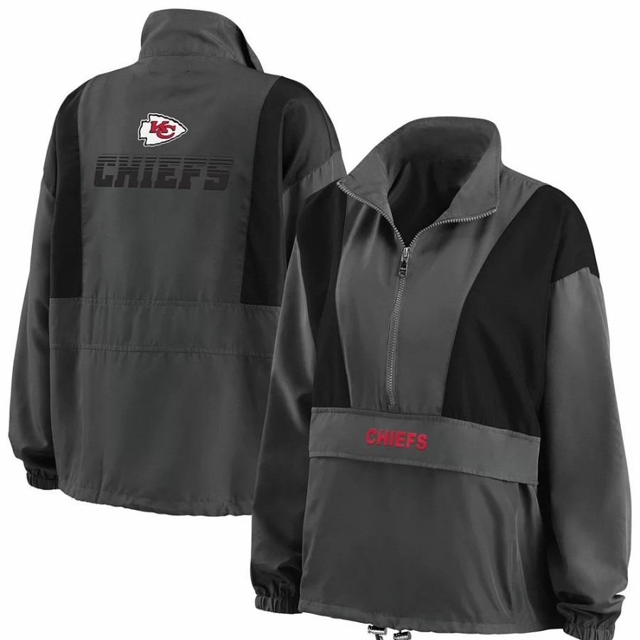 Clothing * | Women'S Wear By Erin Andrews Charcoal Kansas City Chiefs Popover Packable Half-Zip Jacket