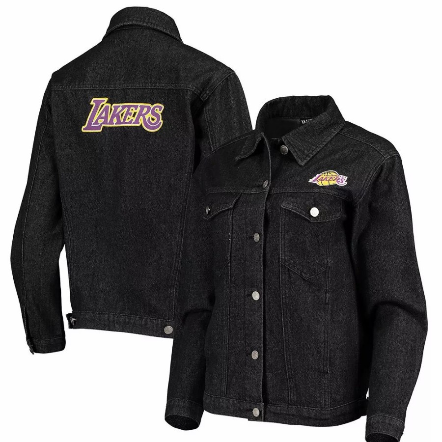 Clothing * | Women'S The Wild Collective Black Los Angeles Lakers Patch Denim Button-Up Jacket