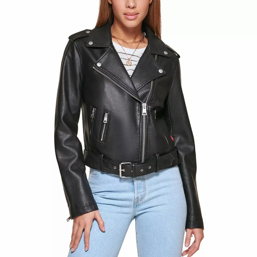 Clothing * | Women'S Levi'S Belted Faux Leather Motorcycle Jacket Black