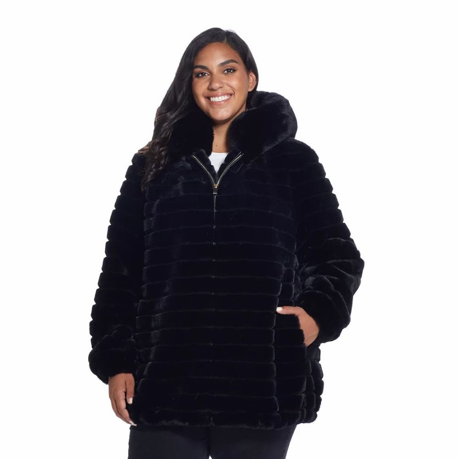 Clothing * | Plus Size Gallery Hooded Faux-Fur Jacket