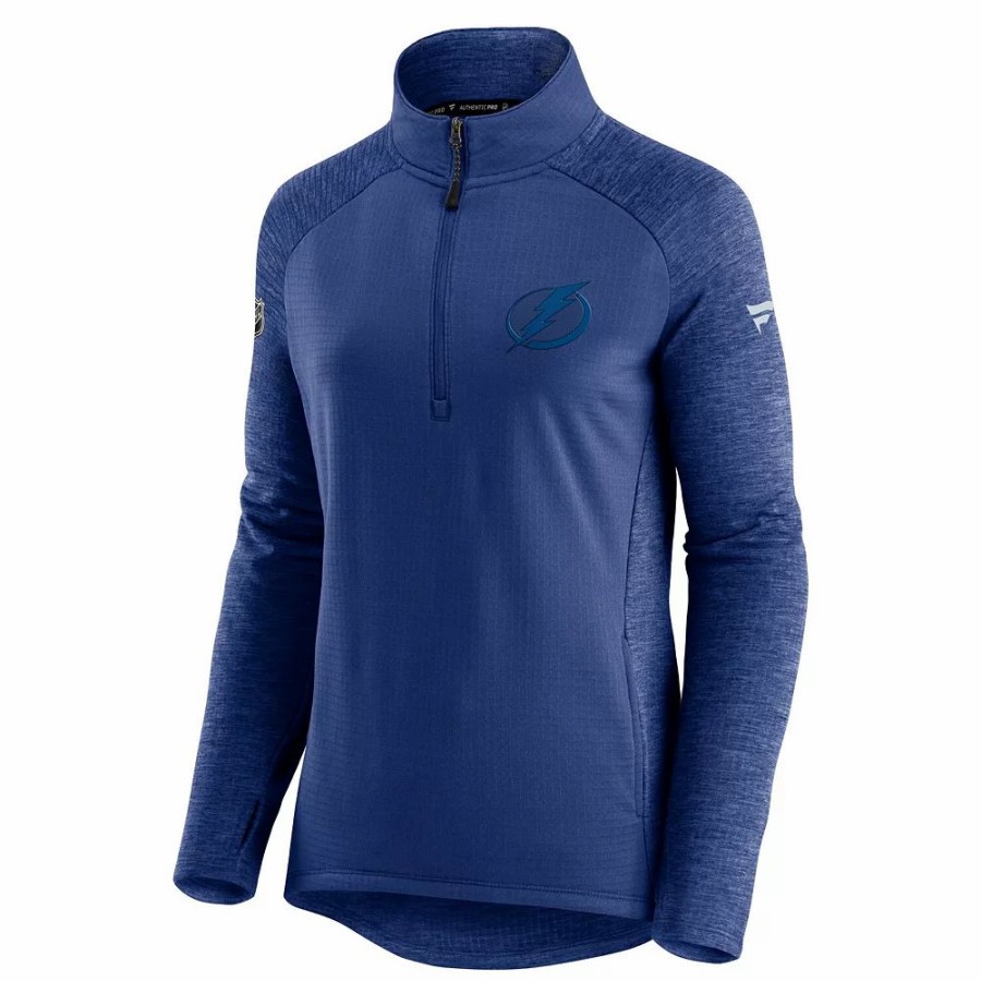 Clothing * | Women'S Fanatics Branded Blue/Heathered Blue Tampa Bay Lightning Logo Authentic Pro Travel & Training Raglan Quarter-Zip Jacket