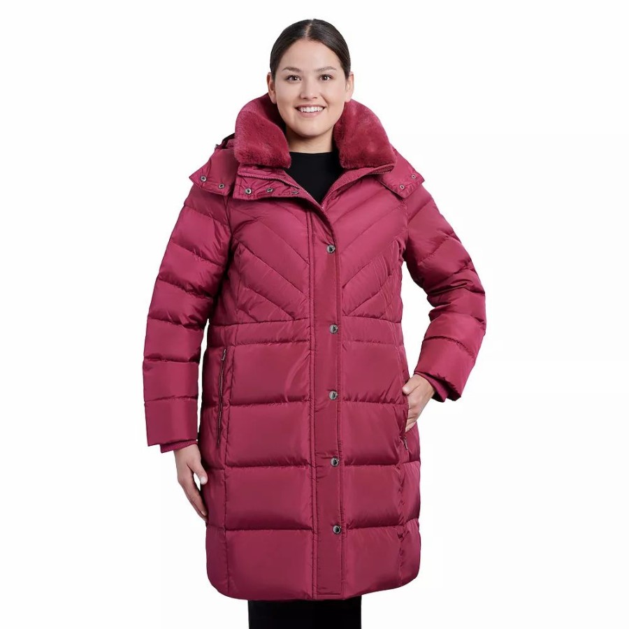 Clothing * | Plus Size London Fog Faux-Fur Collar Down Puffer Jacket Rhubarb