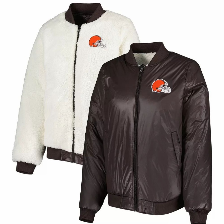 Clothing * | Women'S G-Iii 4Her By Carl Banks Oatmeal/Brown Cleveland Browns Switchback Reversible Full-Zip Jacket