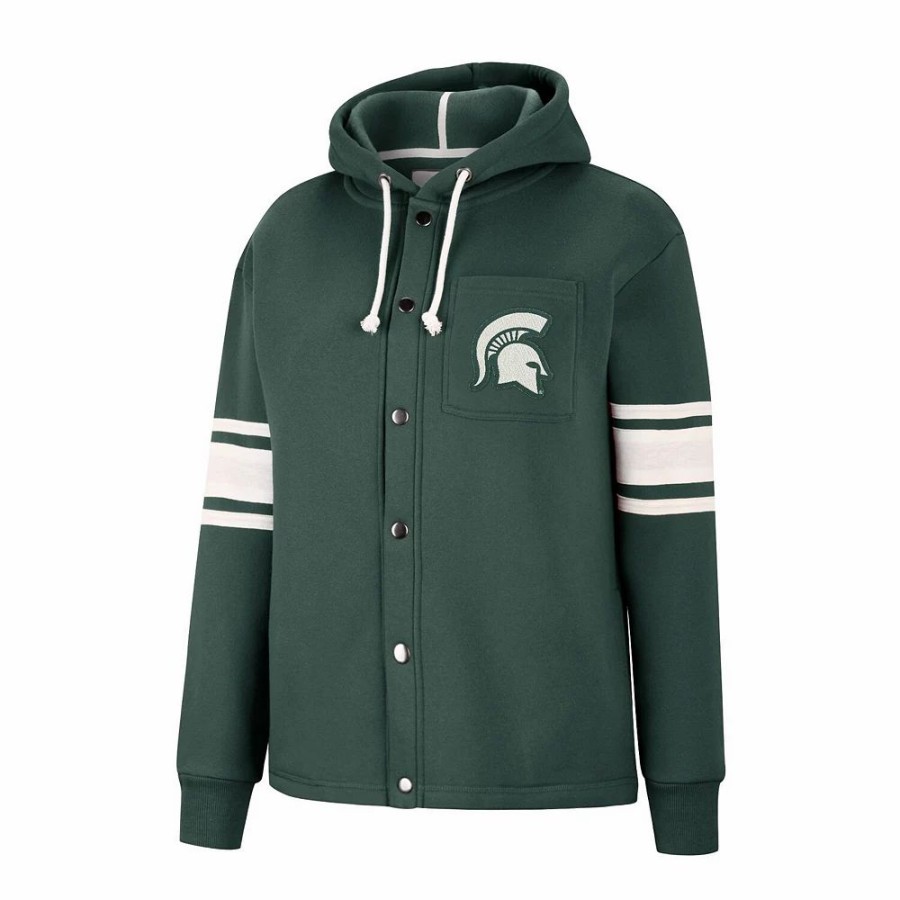 Clothing * | Women'S Colosseum Green Michigan State Spartans Mia Striped Full-Snap Hoodie Jacket