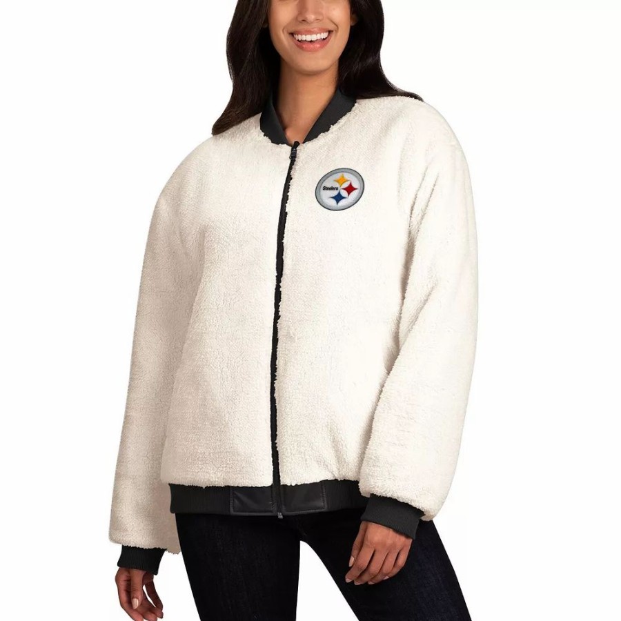 Clothing * | Women'S G-Iii 4Her By Carl Banks Oatmeal/Black Pittsburgh Steelers Switchback Reversible Full-Zip Jacket