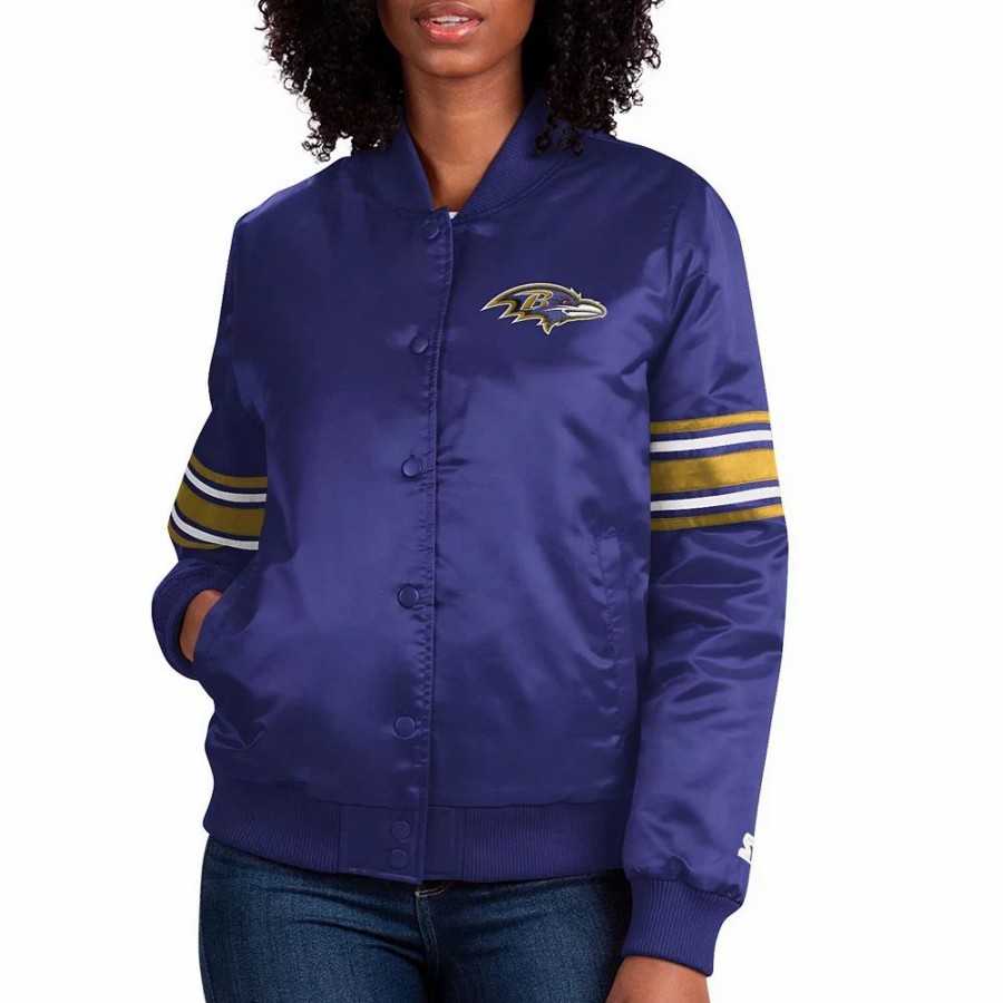 Clothing * | Women'S Starter Purple Baltimore Ravens Line Up Satin Full-Snap Varsity Jacket