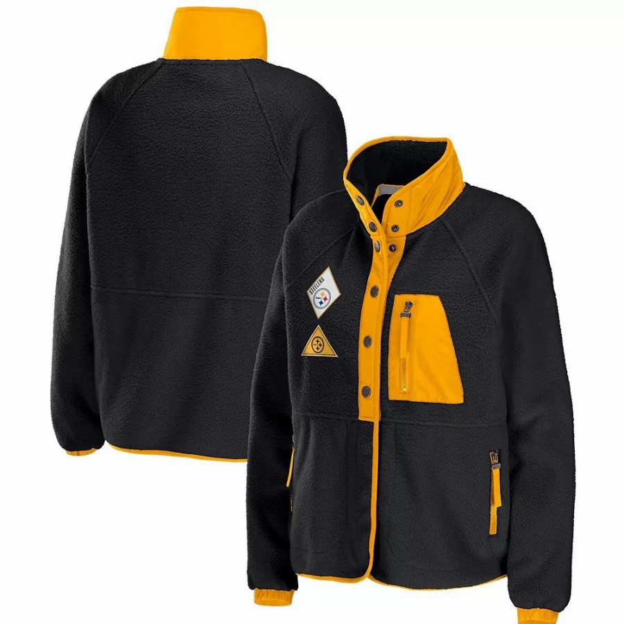 Clothing * | Women'S Wear By Erin Andrews Black Pittsburgh Steelers Polar Fleece Raglan Full-Snap Jacket