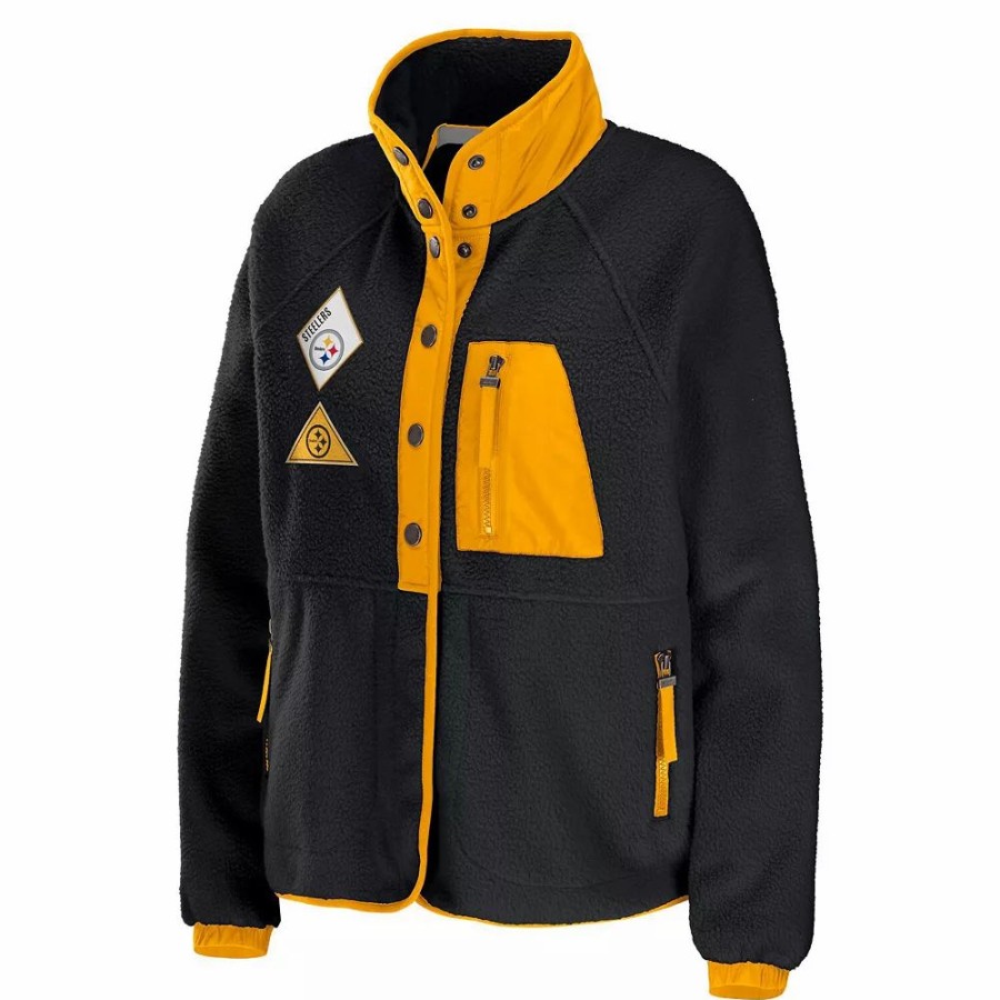 Clothing * | Women'S Wear By Erin Andrews Black Pittsburgh Steelers Polar Fleece Raglan Full-Snap Jacket