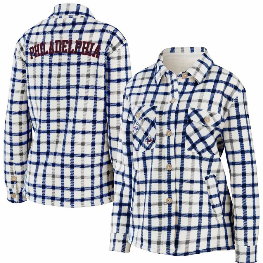 Clothing * | Women'S Wear By Erin Andrews Oatmeal Philadelphia 76Ers Plaid Button-Up Shirt Jacket