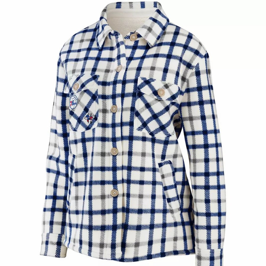 Clothing * | Women'S Wear By Erin Andrews Oatmeal Philadelphia 76Ers Plaid Button-Up Shirt Jacket