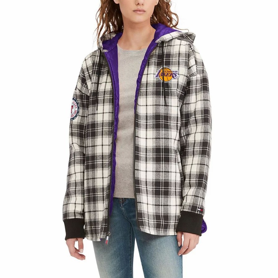 Clothing * | Women'S Tommy Jeans Black/Cream Los Angeles Lakers Molly Flannel Full-Zip Hoodie