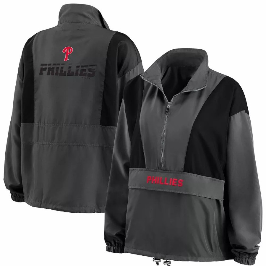 Clothing * | Women'S Wear By Erin Andrews Charcoal Philadelphia Phillies Packable Half-Zip Jacket