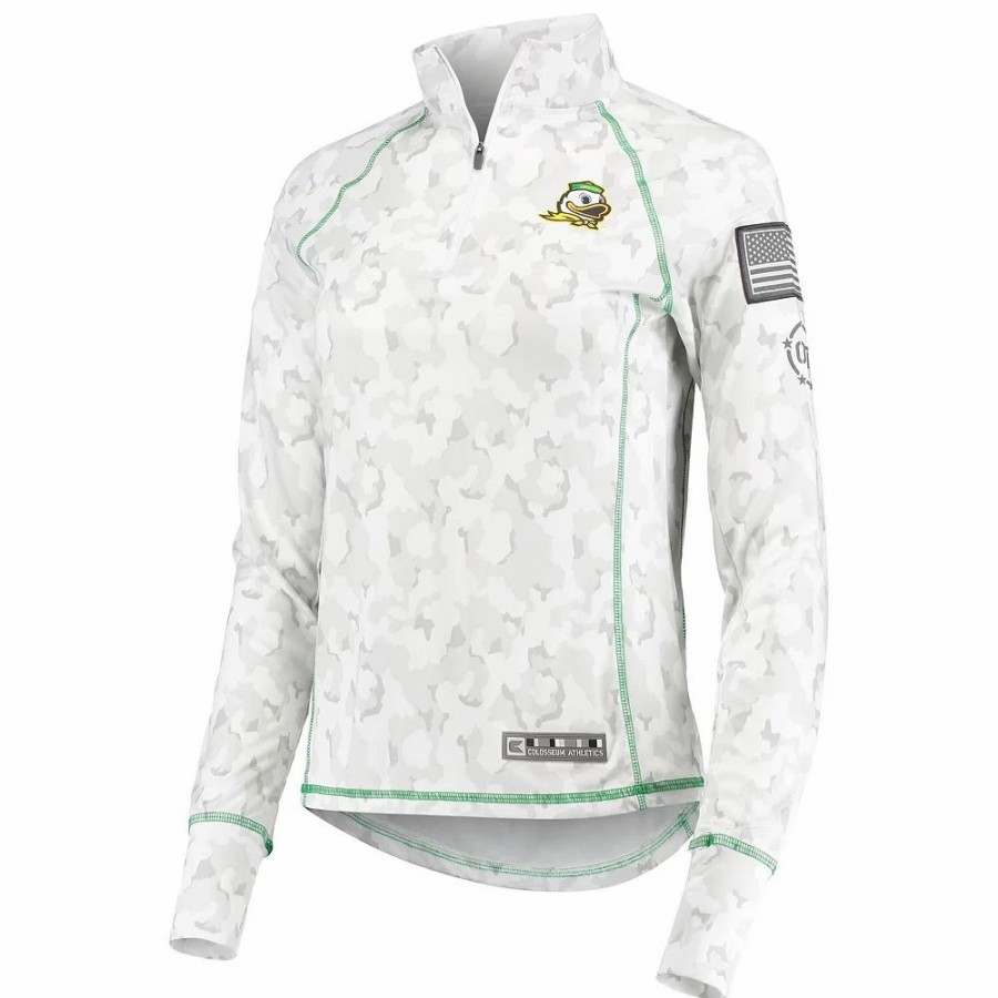 Clothing * | Women'S Colosseum White Oregon Ducks Oht Military Appreciation Officer Arctic Camo 1/4-Zip Jacket