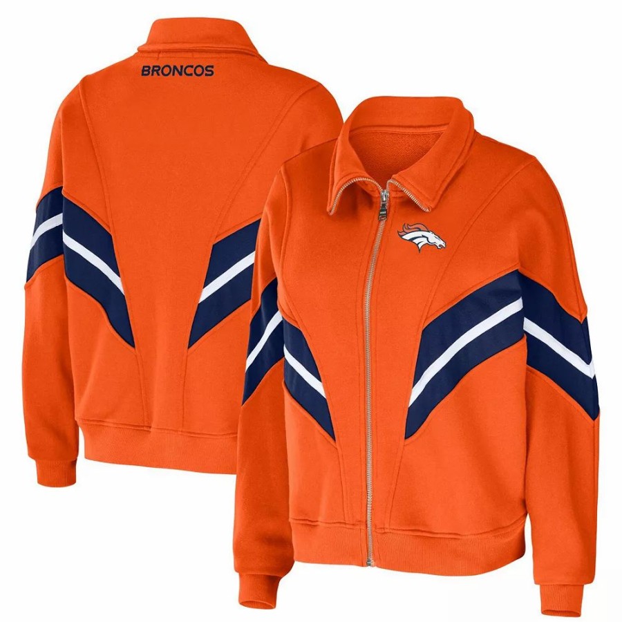 Clothing * | Women'S Wear By Erin Andrews Orange Denver Broncos Plus Size Yarn Dye Stripe Full-Zip Jacket