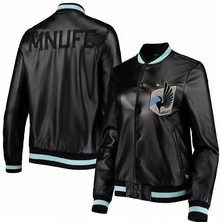 Clothing * | Women'S The Wild Collective Black Minnesota United Fc Full-Snap Bomber Jacket