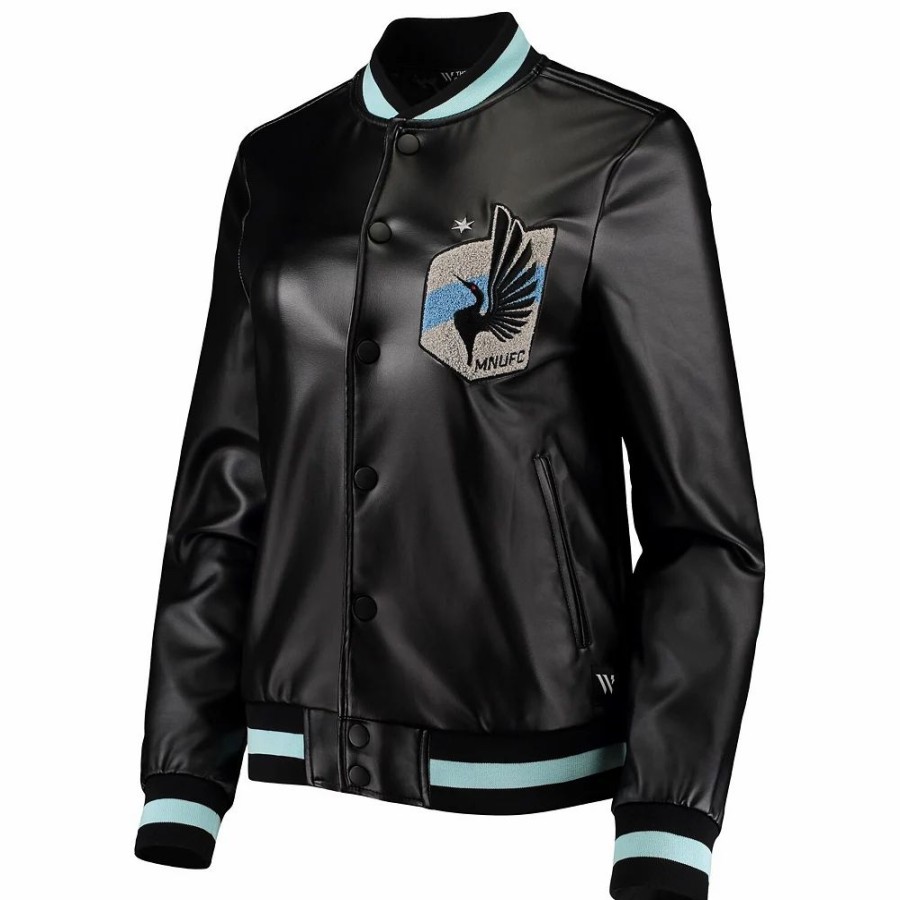 Clothing * | Women'S The Wild Collective Black Minnesota United Fc Full-Snap Bomber Jacket