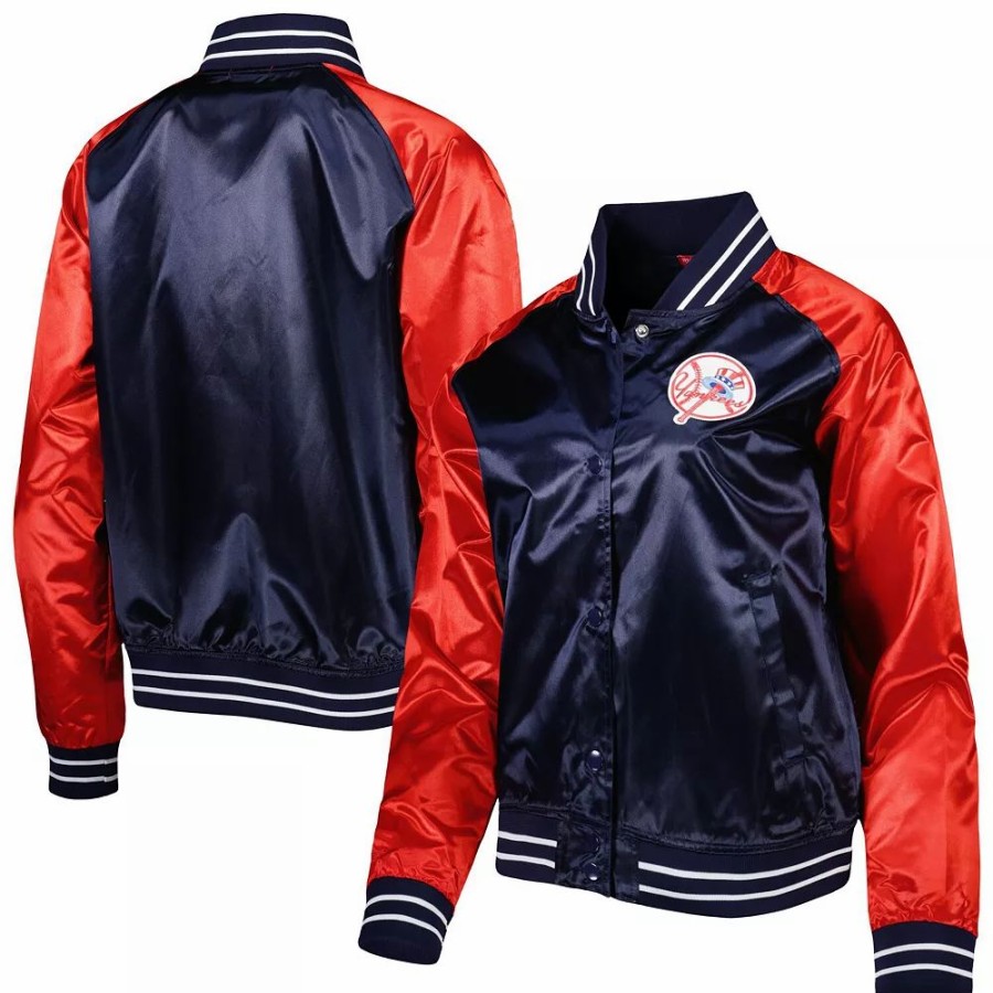 Clothing * | Women'S Mitchell & Ness Navy New York Yankees Team 2.0 Satin Raglan Full-Snap Jacket