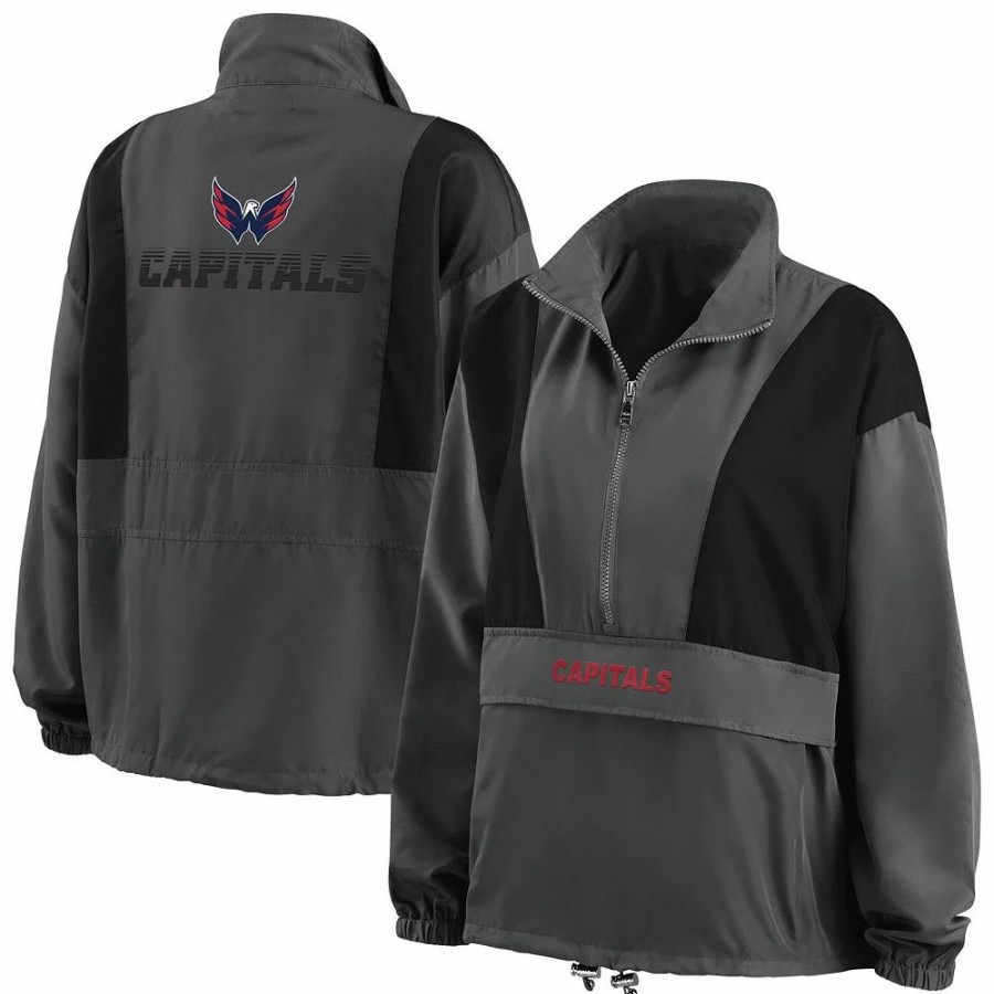 Clothing * | Women'S Wear By Erin Andrews Charcoal Washington Capitals Popover Packable Half-Zip Jacket