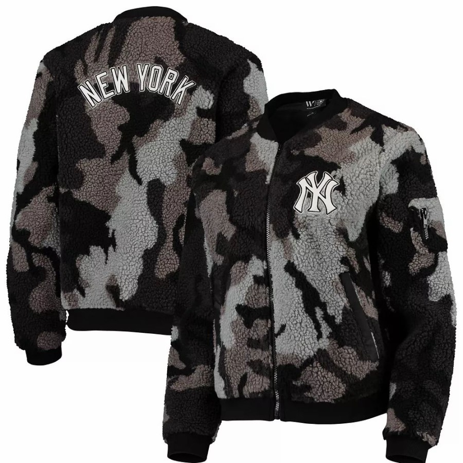 Clothing * | Women'S The Wild Collective Black New York Yankees Camo Sherpa Full-Zip Bomber Jacket