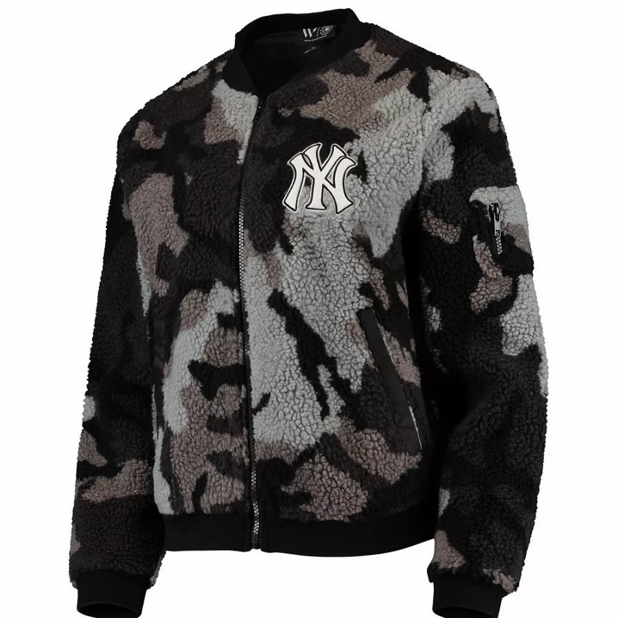 Clothing * | Women'S The Wild Collective Black New York Yankees Camo Sherpa Full-Zip Bomber Jacket