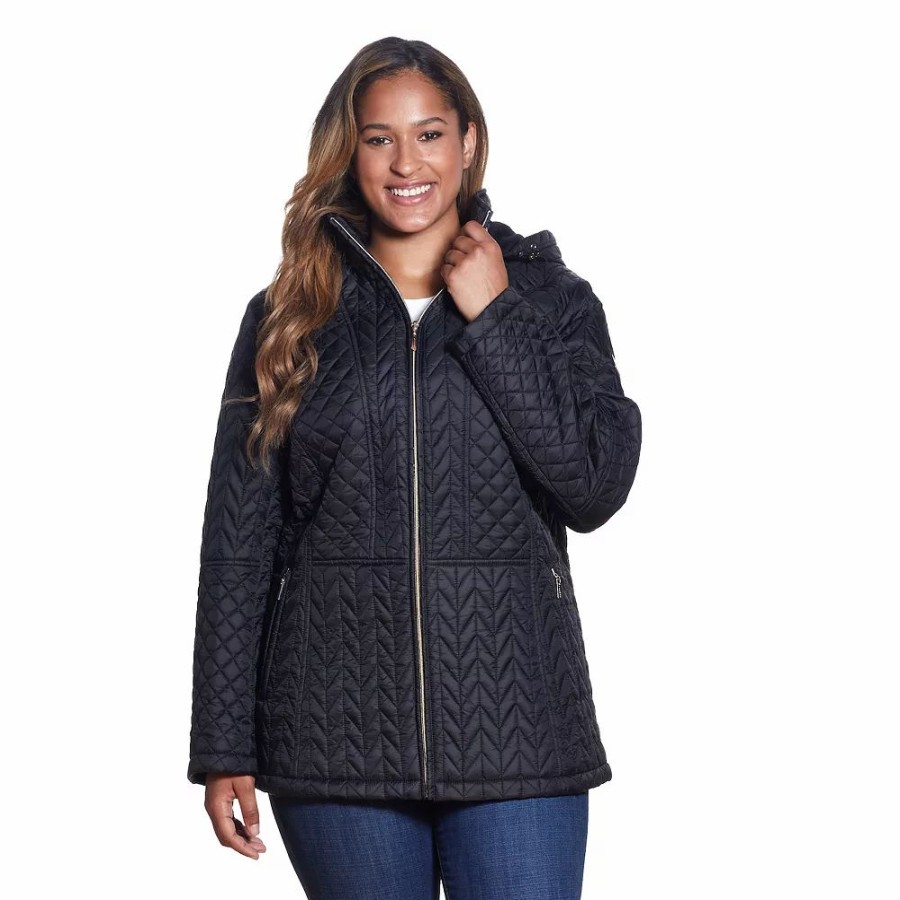 Clothing * | Plus Size Gallery Faux-Fur Hood Quilted Jacket Black