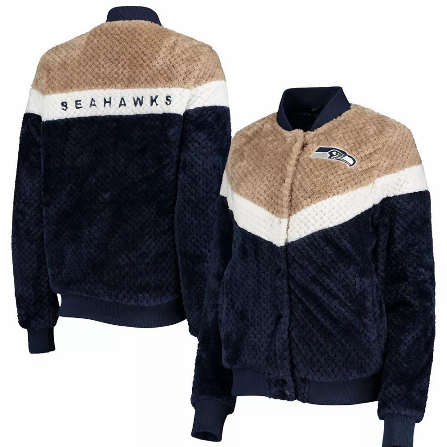 Clothing * | Women'S G-Iii 4Her By Carl Banks College Navy/Cream Seattle Seahawks Riot Squad Sherpa Full-Snap Jacket