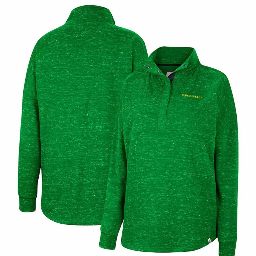 Clothing * | Women'S Colosseum Green Oregon Ducks Natalie Speckled Quarter-Snap Top