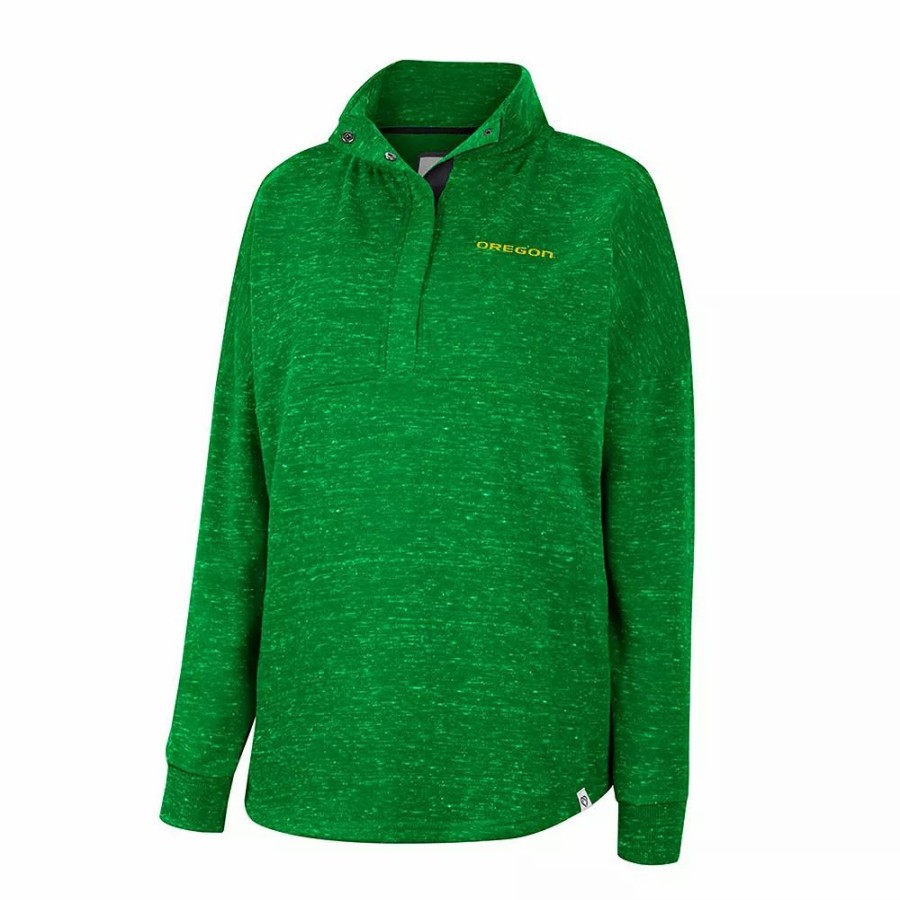 Clothing * | Women'S Colosseum Green Oregon Ducks Natalie Speckled Quarter-Snap Top