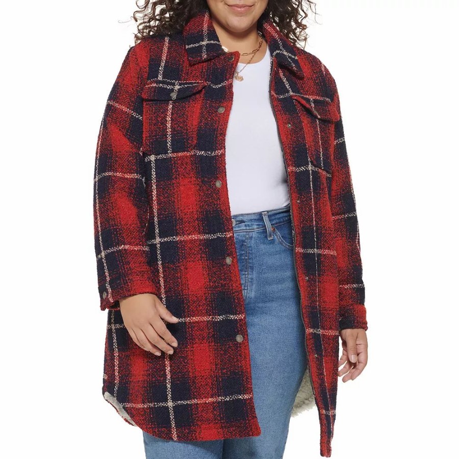 Clothing * | Plus Size Levi'S Wool Blend Plaid Shacket Red Navy