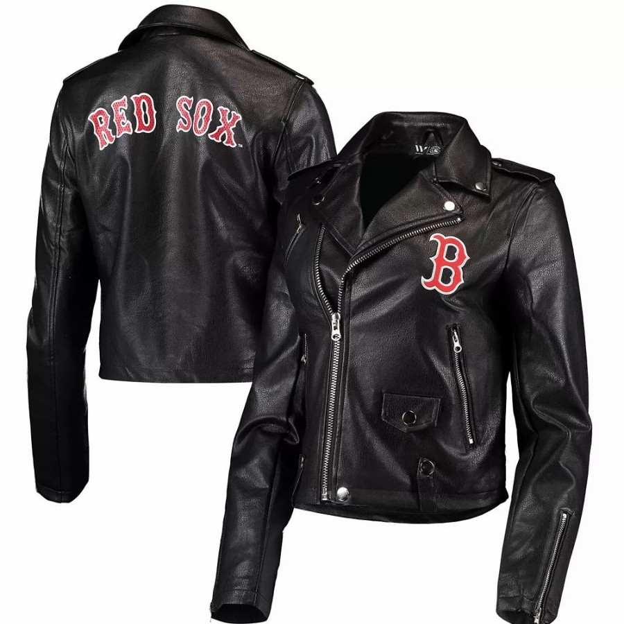 Clothing * | Women'S The Wild Collective Black Boston Red Sox Faux Leather Moto Full-Zip Jacket