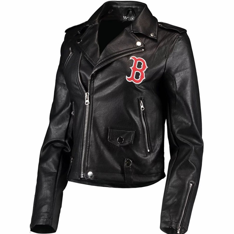 Clothing * | Women'S The Wild Collective Black Boston Red Sox Faux Leather Moto Full-Zip Jacket