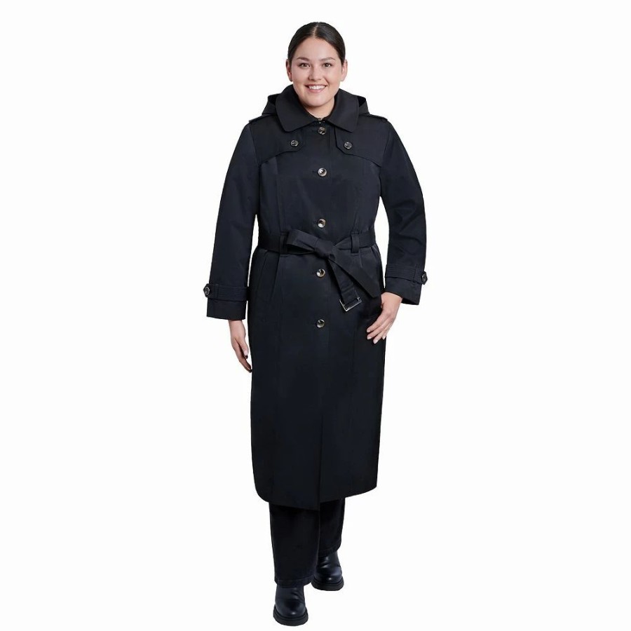 Clothing * | Plus Size London Fog Hooded Maxi Trench Coat