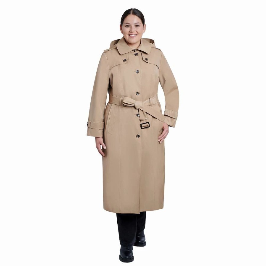 Clothing * | Plus Size London Fog Hooded Maxi Trench Coat