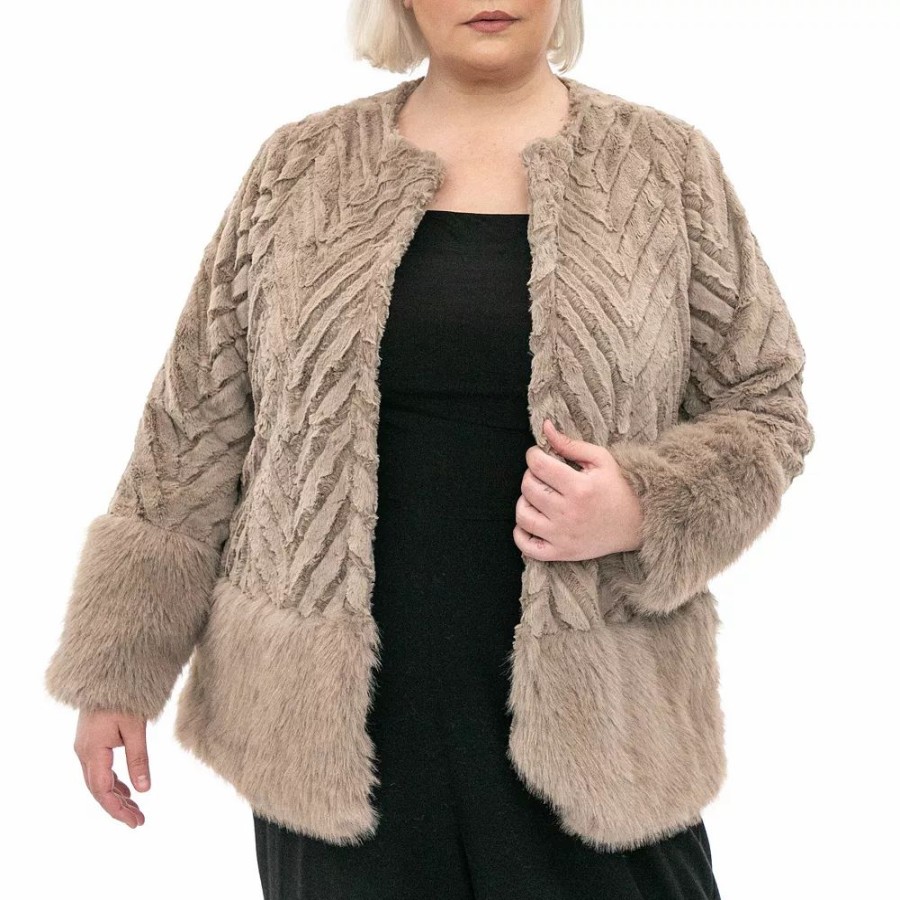 Clothing * | Plus Size Nina Leonard Chevron Faux-Fur Bolero