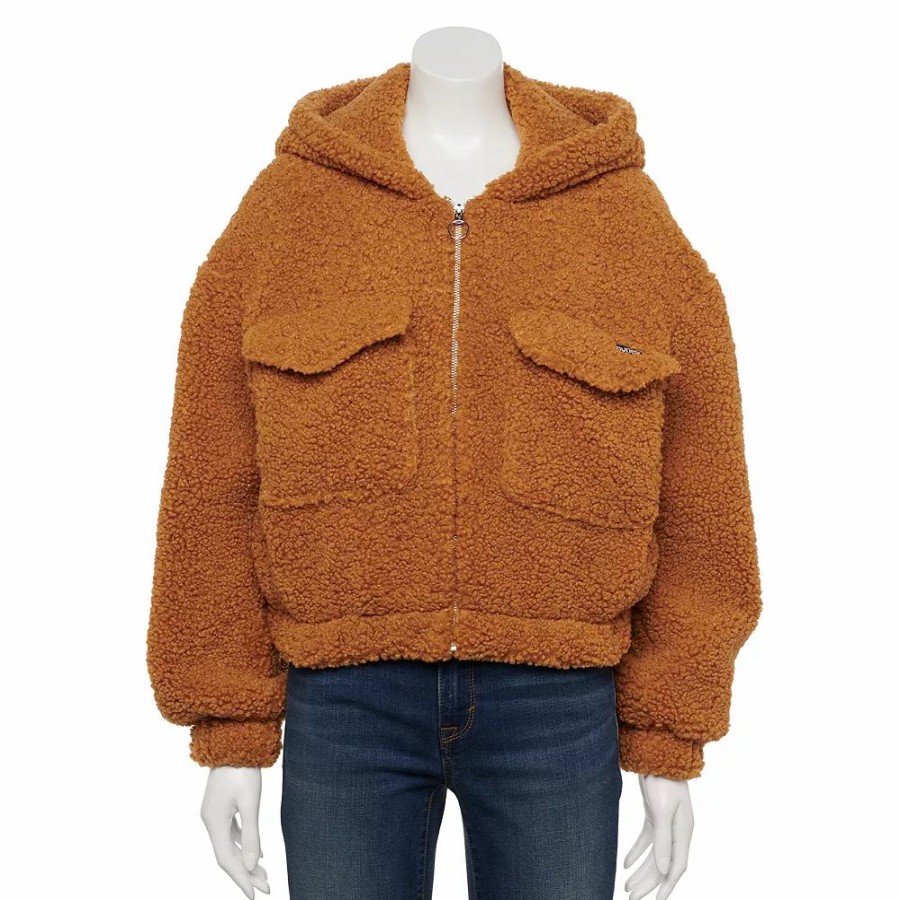 Clothing * | Women'S Hurley Hooded Crop Sherpa Bomber Jacket Caramel