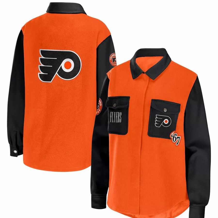 Clothing * | Women'S Wear By Erin Andrews Orange/Black Philadelphia Flyers Colorblock Button-Up Shirt Jacket