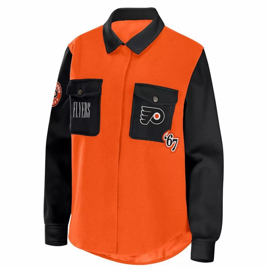 Clothing * | Women'S Wear By Erin Andrews Orange/Black Philadelphia Flyers Colorblock Button-Up Shirt Jacket