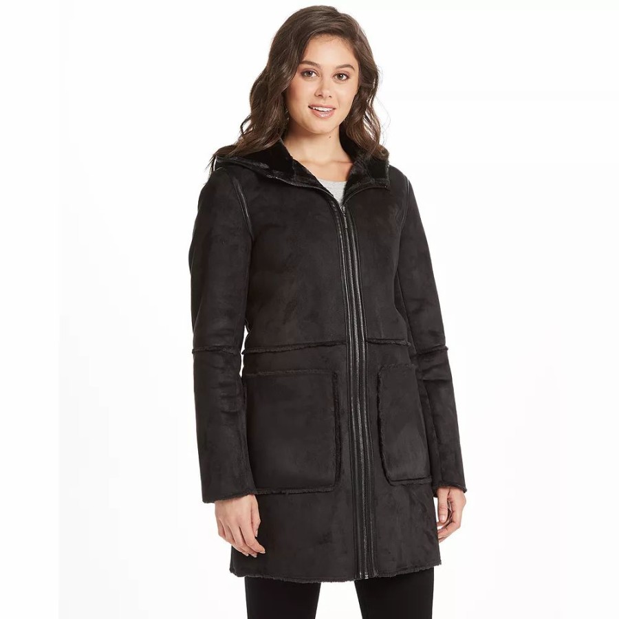 Clothing * | Women'S Weathercast Hooded Heavyweight Faux Shearling Walker Jacket