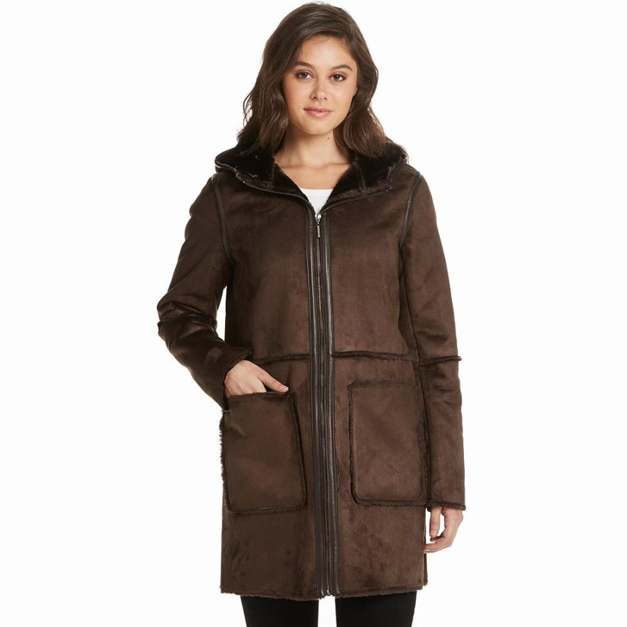 Clothing * | Women'S Weathercast Hooded Heavyweight Faux Shearling Walker Jacket