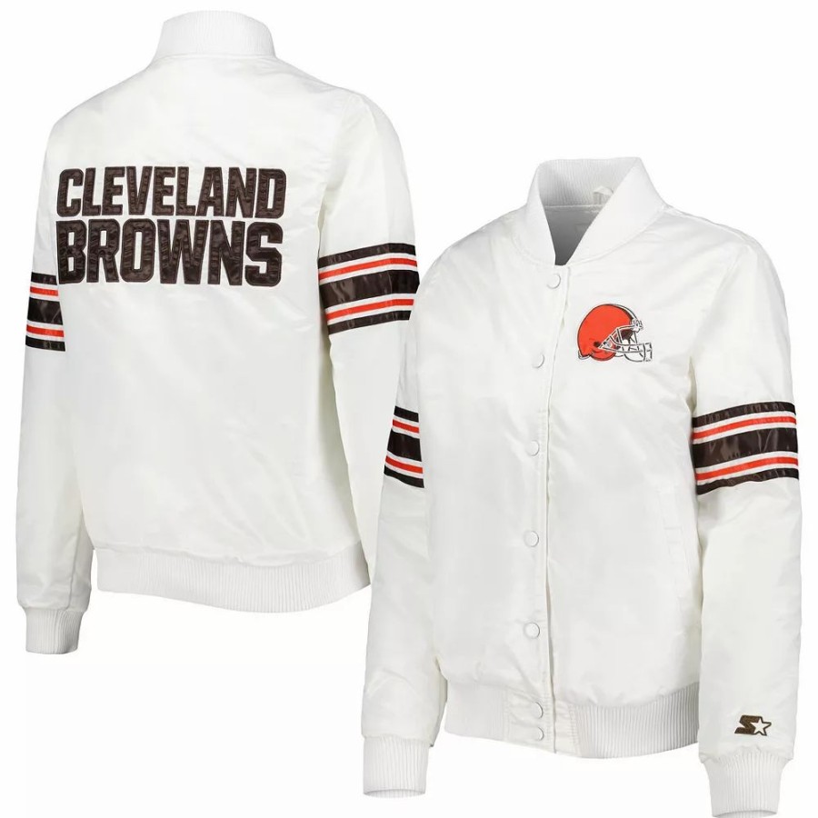 Clothing * | Women'S Starter White Cleveland Browns Line Up Satin Full-Snap Varsity Jacket