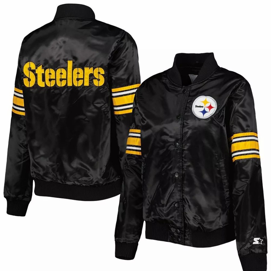 Clothing * | Women'S Starter Black Pittsburgh Steelers Line Up Satin Full-Snap Varsity Jacket