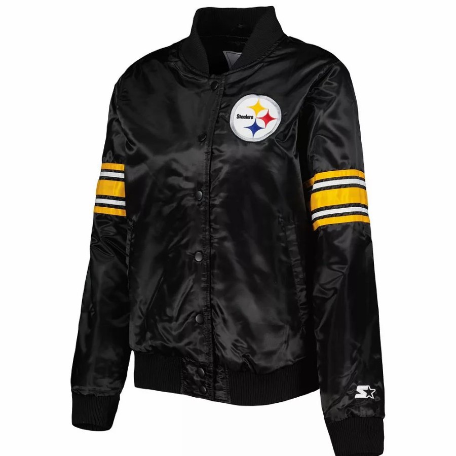 Clothing * | Women'S Starter Black Pittsburgh Steelers Line Up Satin Full-Snap Varsity Jacket