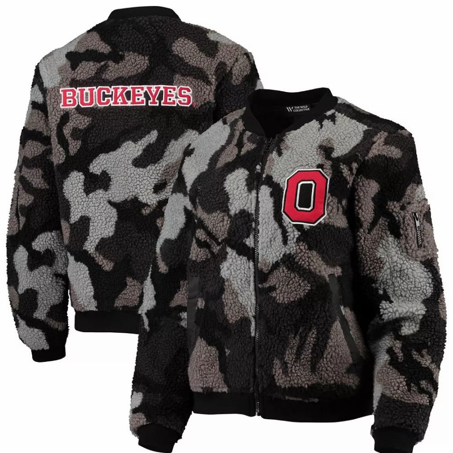 Clothing * | Women'S The Wild Collective Black Ohio State Buckeyes Sherpa Bomber Full-Zip Jacket