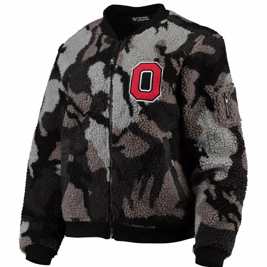 Clothing * | Women'S The Wild Collective Black Ohio State Buckeyes Sherpa Bomber Full-Zip Jacket